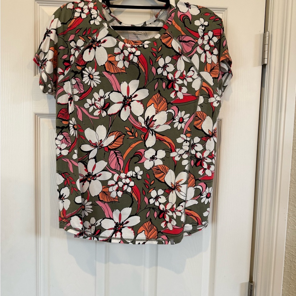 Talbots Olive Floral Short Sleeve Tee with White, Pink & Orange Blooms